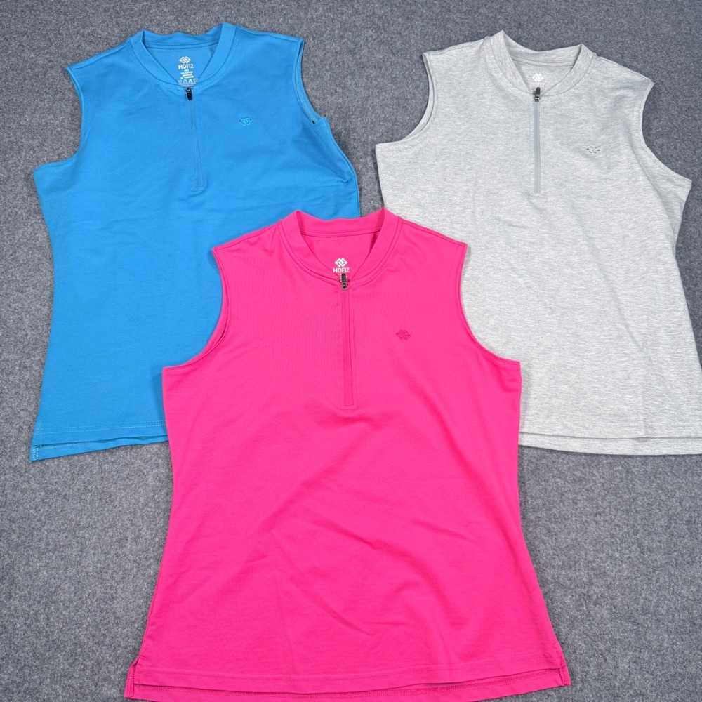 Mofiz Womens Sleeveless Polo Shirt 3 Pack Pink Blue Gray Quarter Zip Small
